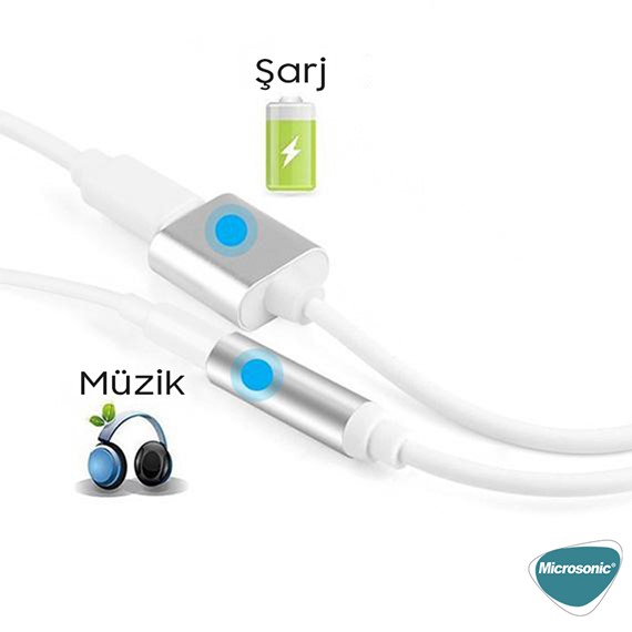 Microsonic 3 5mm to Type-C Lightning Kablo iPhone Ses Aux Kablo dönüştürücü Beyaz 2