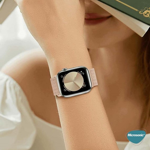 Microsonic Apple Watch Series 9 41mm Kordon Small Size 127mm Knitted Fabric Single Loop Pembe 5