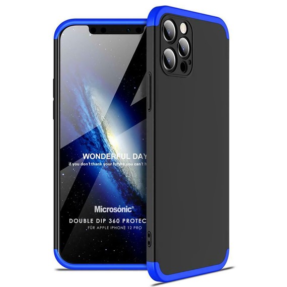 Microsonic Apple iPhone 12 Pro Kılıf Double Dip 360 Protective Siyah Mavi 1