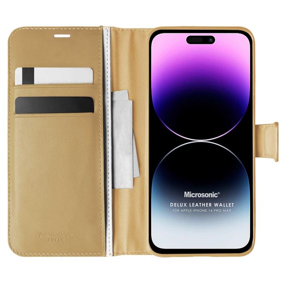 Microsonic Apple iPhone 14 Pro Max Kılıf Delux Leather Wallet Gold 1