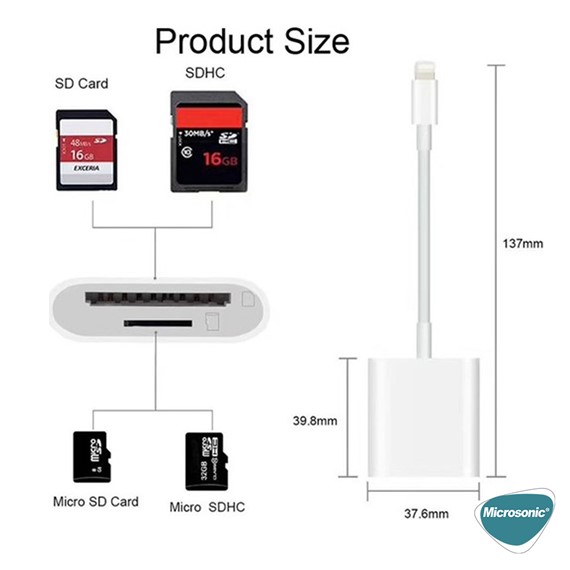 Microsonic Lightning to SD Card Camera Reader Kablo iPhone SD Mikro Sd Kart Okuyucu Kablo Adaptör Beyaz 5