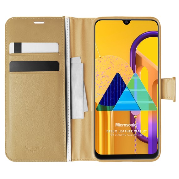 Microsonic Samsung Galaxy M30s Kılıf Delux Leather Wallet Gold 1
