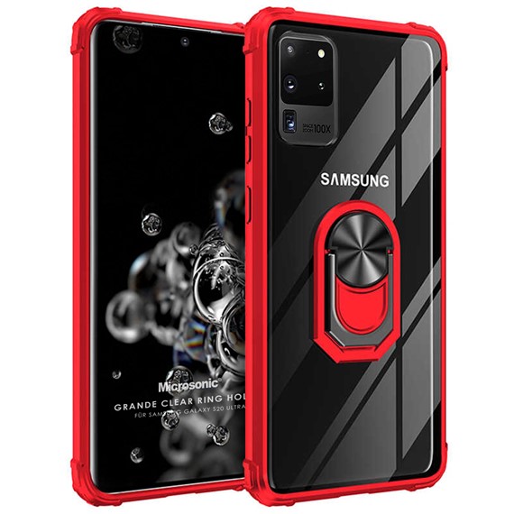 Microsonic Samsung Galaxy S20 Ultra Kılıf Grande Clear Ring Holder Kırmızı 1