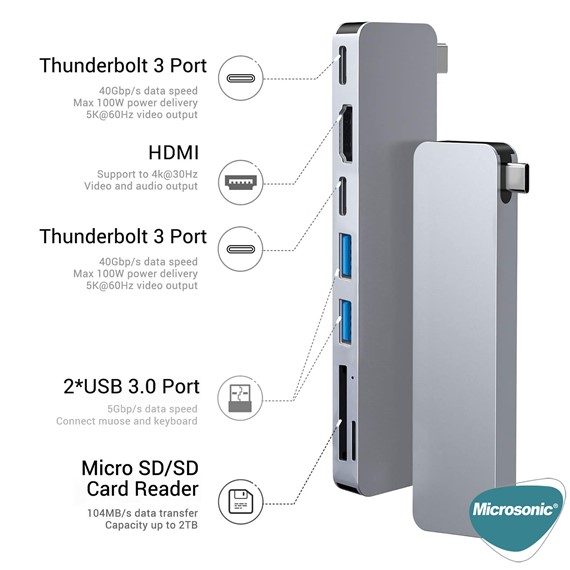 Microsonic Type-C to HDTV Multifunction Adapter 7 Port Macbook 4K HDMI USB SD Kart Dişi Typ-C Dönüştücü Adaptör Kablo Gri 2