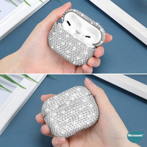 Microsonic AirPods 3 Nesil Kılıf Diamond Swarovski Görünümlü Taşlı Gümüş 4