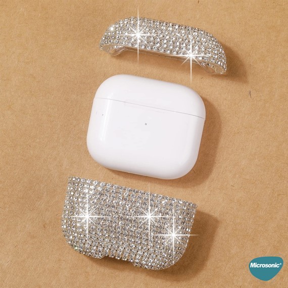 Microsonic AirPods Pro Kılıf Diamond Swarovski Görünümlü Taşlı Gümüş 3