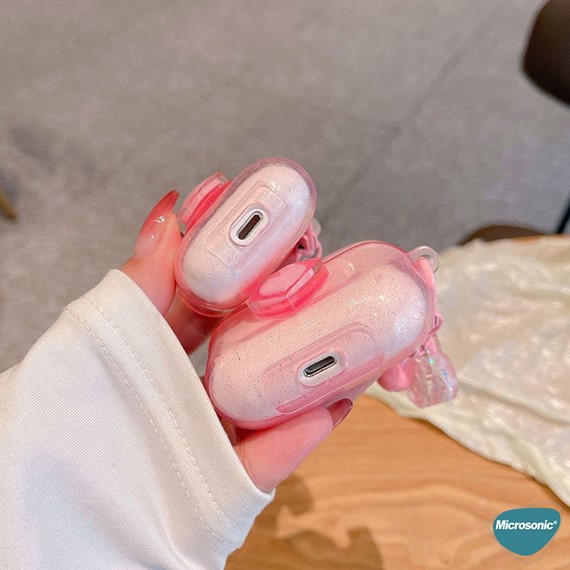 Microsonic Airpods 4 Nesil ANC Kılıf Simli Parıltılı Kalp Desenli Pembe 5