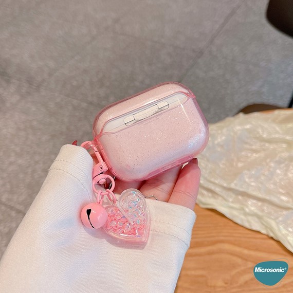 Microsonic Airpods 4 Nesil ANC Kılıf Simli Parıltılı Kalp Desenli Pembe 6
