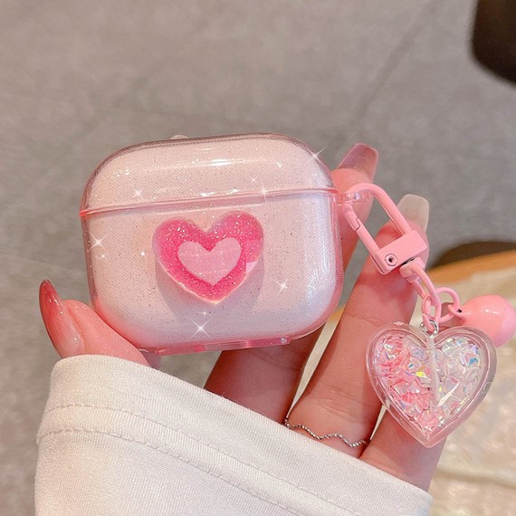 Microsonic Airpods 4 Nesil ANC Kılıf Simli Parıltılı Kalp Desenli Pembe 2