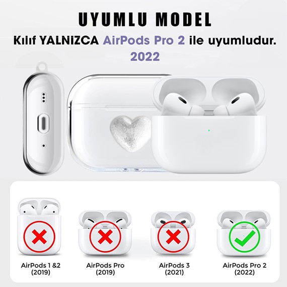 Microsonic AirPods Pro 2 Nesil Kılıf İnci Askılı Kalp Desenli Şeffaf 3