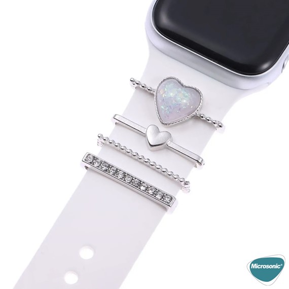 Microsonic Apple Watch SE 2022 40mm Kordon Süsü Charm İnci Kalp Gümüş 2