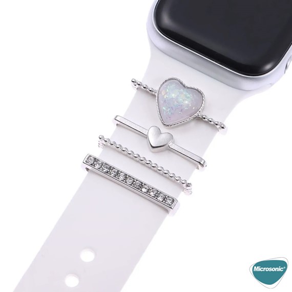 Microsonic Apple Watch 9 45mm Kordon Süsü Charm İnci Kalp Gümüş 2