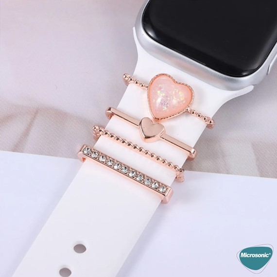 Microsonic Apple Watch 8 45mm Kordon Süsü Charm İnci Kalp Rose Gold 2