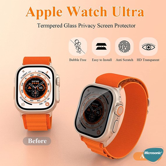 Microsonic Apple Watch Ultra Gizlilik Filtreli Cam Ekran Koruyucu Siyah 3