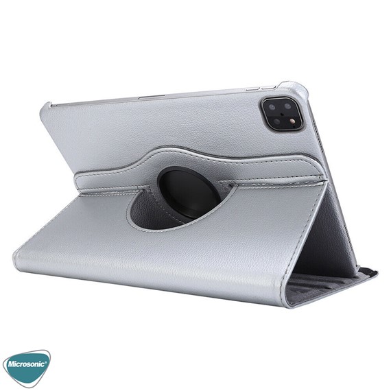 Microsonic Apple iPad Pro 12 9 2020 4 Nesil Kılıf A2229-A2069-A2232 360 Rotating Stand Deri Gümüş 3