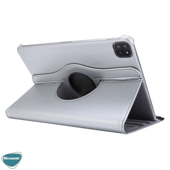 Microsonic Apple iPad Pro 12 9 2021 5 Nesil Kılıf A2378-A2461-A2379-A2462 360 Rotating Stand Deri Gümüş 3