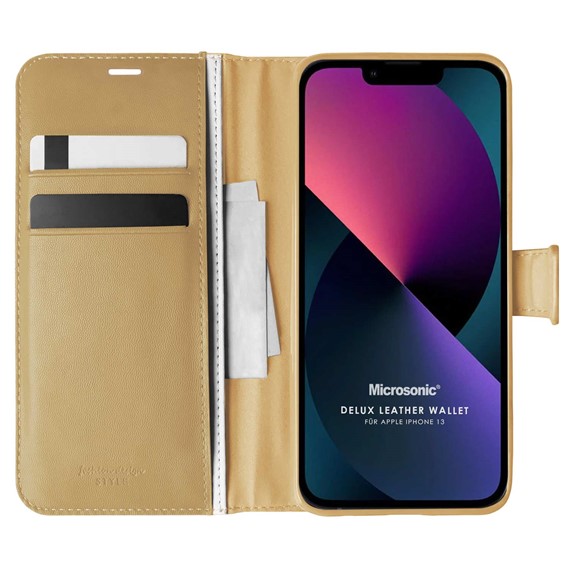 Microsonic Apple iPhone 13 Kılıf Delux Leather Wallet Gold 1