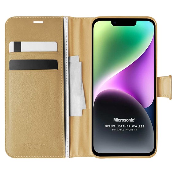 Microsonic Apple iPhone 14 Kılıf Delux Leather Wallet Gold 1