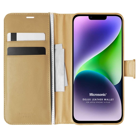 Microsonic Apple iPhone 14 Plus Kılıf Delux Leather Wallet Gold 1