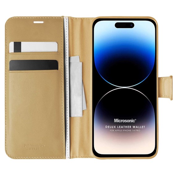 Microsonic Apple iPhone 14 Pro Kılıf Delux Leather Wallet Gold 1