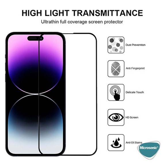 Microsonic Apple iPhone 15 Pro Max Tam Kaplayan Temperli Cam Ekran Koruyucu Siyah 2