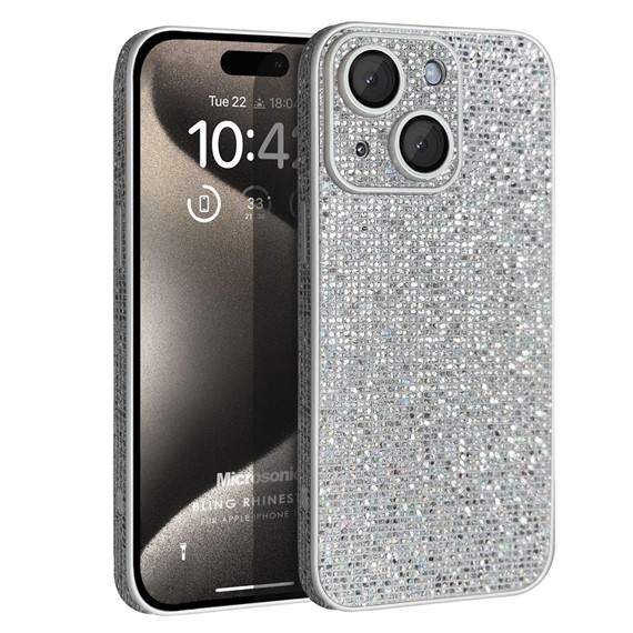 Microsonic Apple iPhone 15 Kılıf Bling Rhinestones Gümüş 1