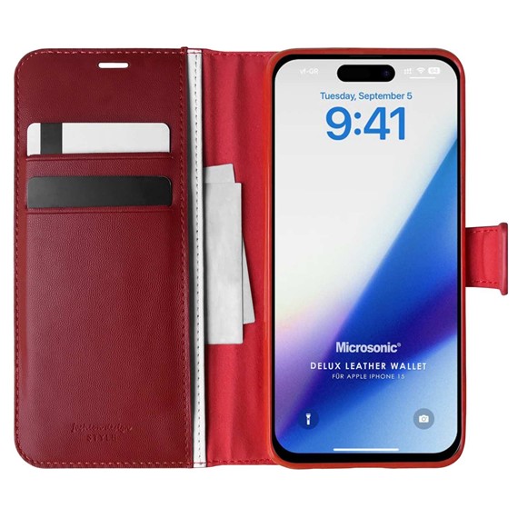Microsonic Apple iPhone 15 Kılıf Delux Leather Wallet Kırmızı 1