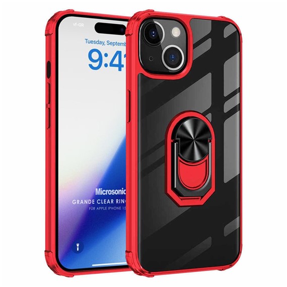 Microsonic Apple iPhone 15 Plus Kılıf Grande Clear Ring Holder Kırmızı 1