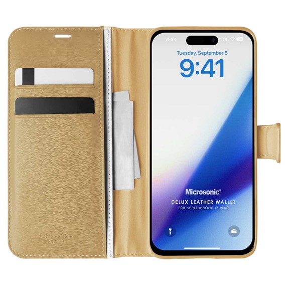Microsonic Apple iPhone 15 Plus Kılıf Delux Leather Wallet Gold 1