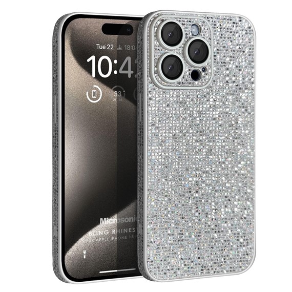 Microsonic Apple iPhone 16 Pro Max Kılıf Bling Rhinestones Gümüş 1