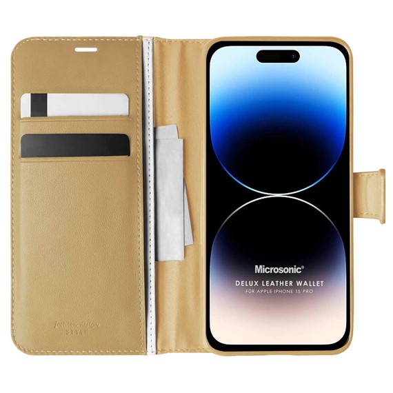 Microsonic Apple iPhone 15 Pro Kılıf Delux Leather Wallet Gold 1