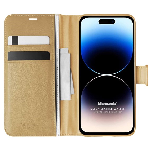 Microsonic Apple iPhone 15 Pro Max Kılıf Delux Leather Wallet Gold 1
