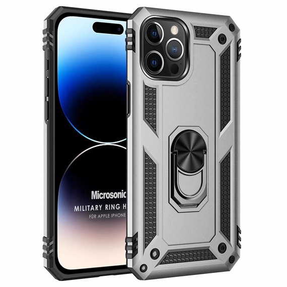 Microsonic Apple iPhone 15 Pro Kılıf Military Ring Holder Gümüş 1