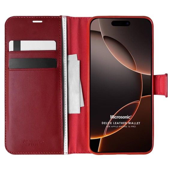 Microsonic Apple iPhone 16 Pro Kılıf Delux Leather Wallet Kırmızı 1