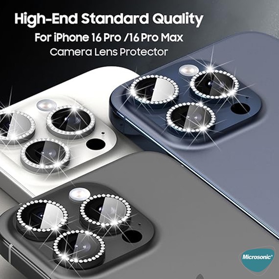 Microsonic Apple iPhone 16 Pro Tekli Diamond Taşlı Kamera Koruma Camı Gold 7