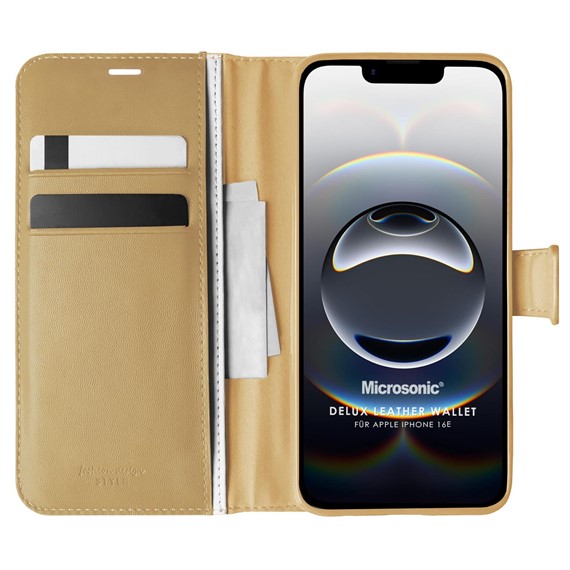 Microsonic Apple iPhone 16e Kılıf Delux Leather Wallet Gold 1