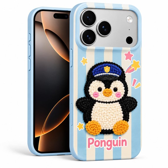 Microsonic Apple iPhone 17 Pro Max Kılıf Stitched Puppy Plush Çizgili Penguen 1