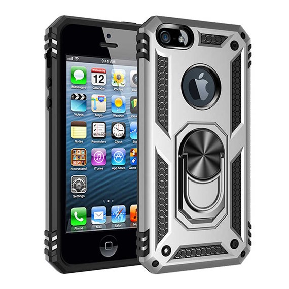 Microsonic Apple iPhone 5 5S Kılıf Military Ring Holder Gümüş 1