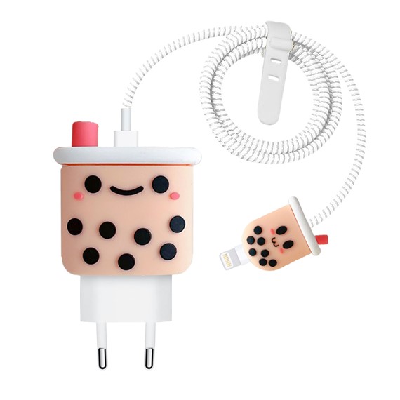 Microsonic Apple iPhone Kablo Koruyucu ve Şarj Adaptör Kılıf Cartoon Figürlü Silikon Crtn-Fgr-Bb-Mlk-Tea 1