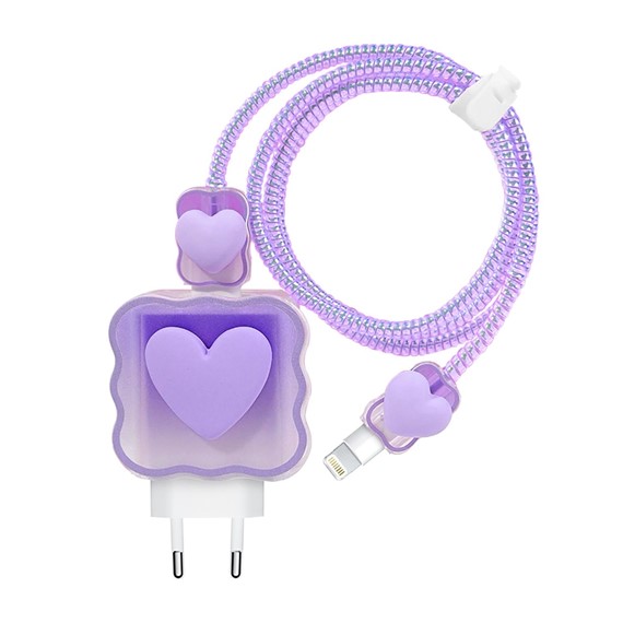 Microsonic Apple iPhone Kablo Koruyucu ve Şarj Adaptör Kılıf Süslü Kalp Desenli Lila 1