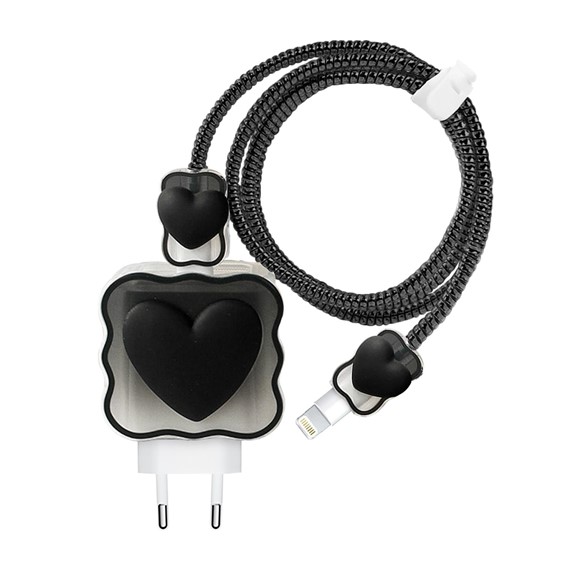 Microsonic Apple iPhone Kablo Koruyucu ve Şarj Adaptör Kılıf Süslü Kalp Desenli Siyah 1
