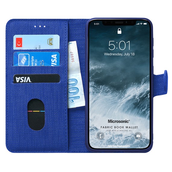 Microsonic Apple iPhone XS Kılıf Fabric Book Wallet Lacivert 1