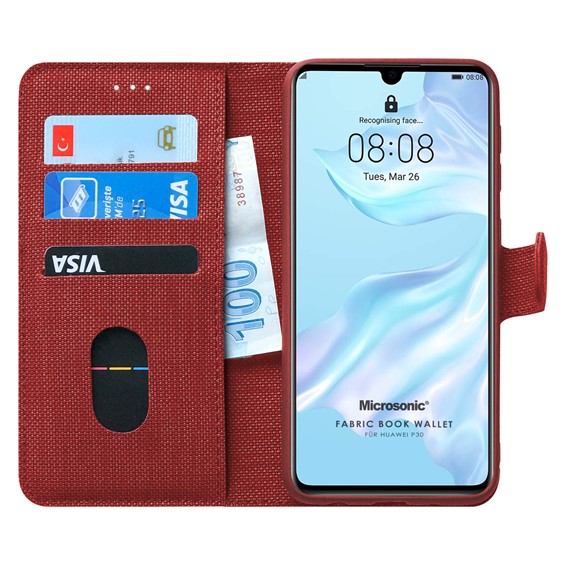 Microsonic Huawei P30 Kılıf Fabric Book Wallet Kırmızı 1