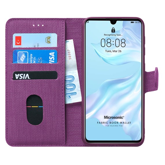 Microsonic Huawei P30 Kılıf Fabric Book Wallet Mor 1