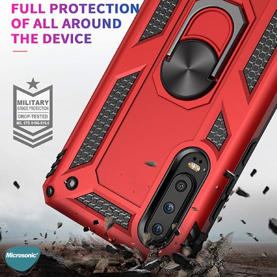 Microsonic Huawei P30 Kılıf Military Ring Holder Kırmızı 3