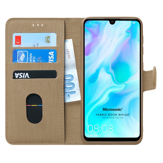 Microsonic Huawei P30 Lite Kılıf Fabric Book Wallet Gold 1