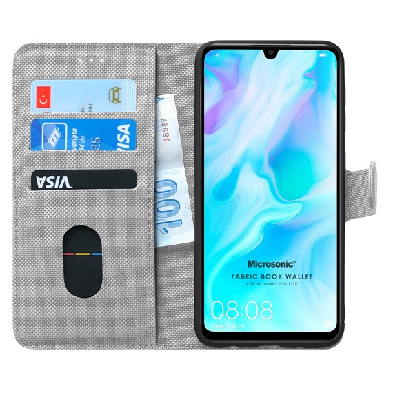 Microsonic Huawei P30 Lite Kılıf Fabric Book Wallet Gri 1