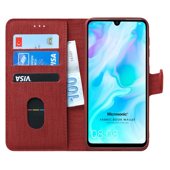 Microsonic Huawei P30 Lite Kılıf Fabric Book Wallet Kırmızı 1