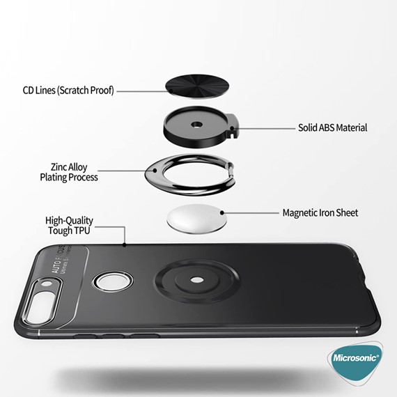 Microsonic Huawei Y7 2018 Kılıf Kickstand Ring Holder Siyah 5