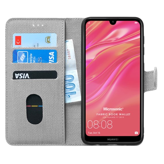 Microsonic Huawei Y7 2019 Kılıf Fabric Book Wallet Gri 1